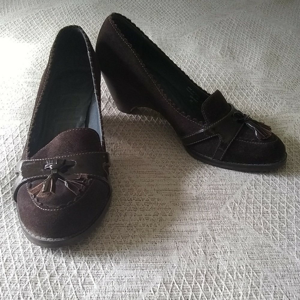 Free with purchase, brown suede heeled loafers